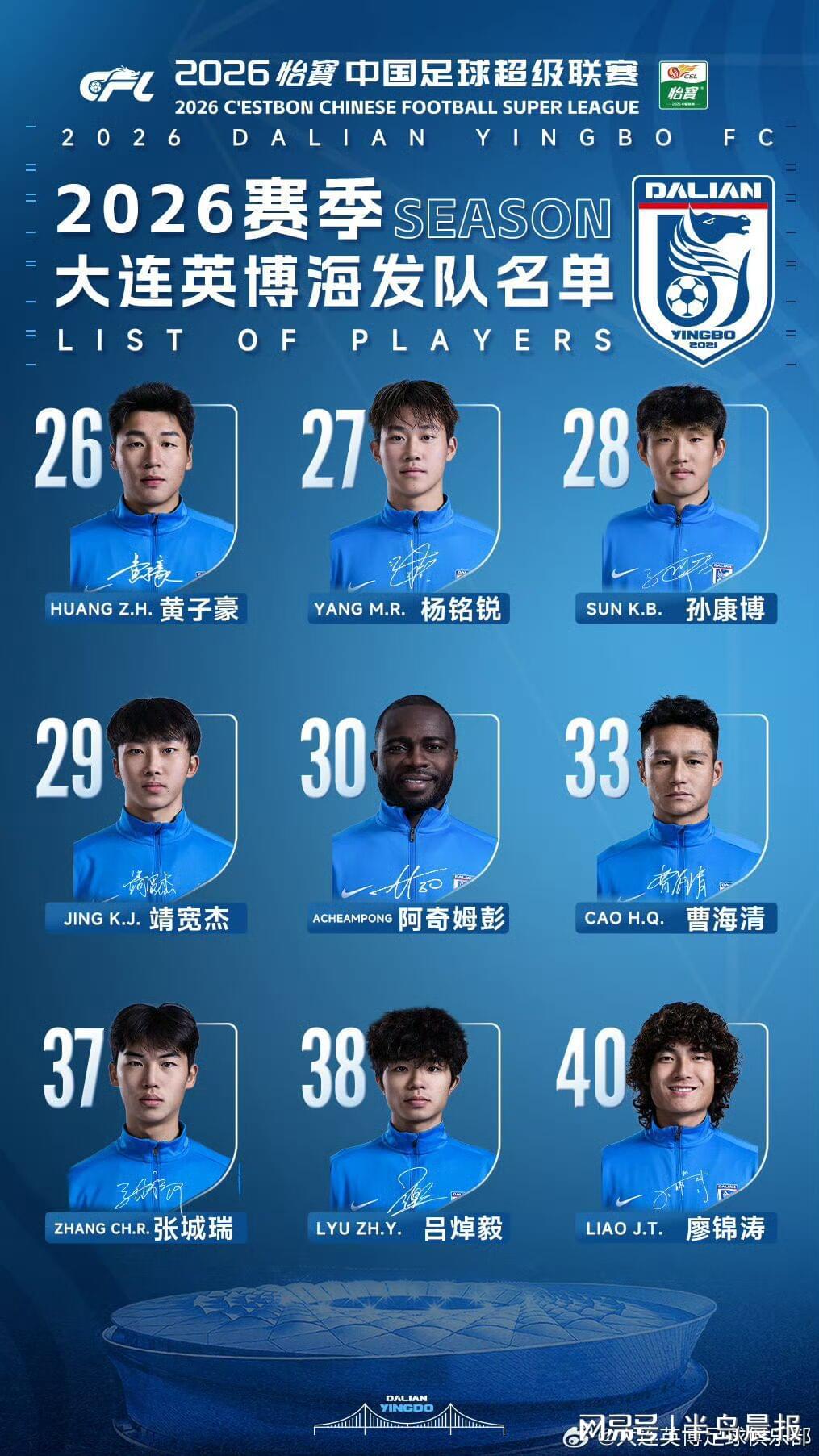 星空体育-大连英博公布新赛季名单
